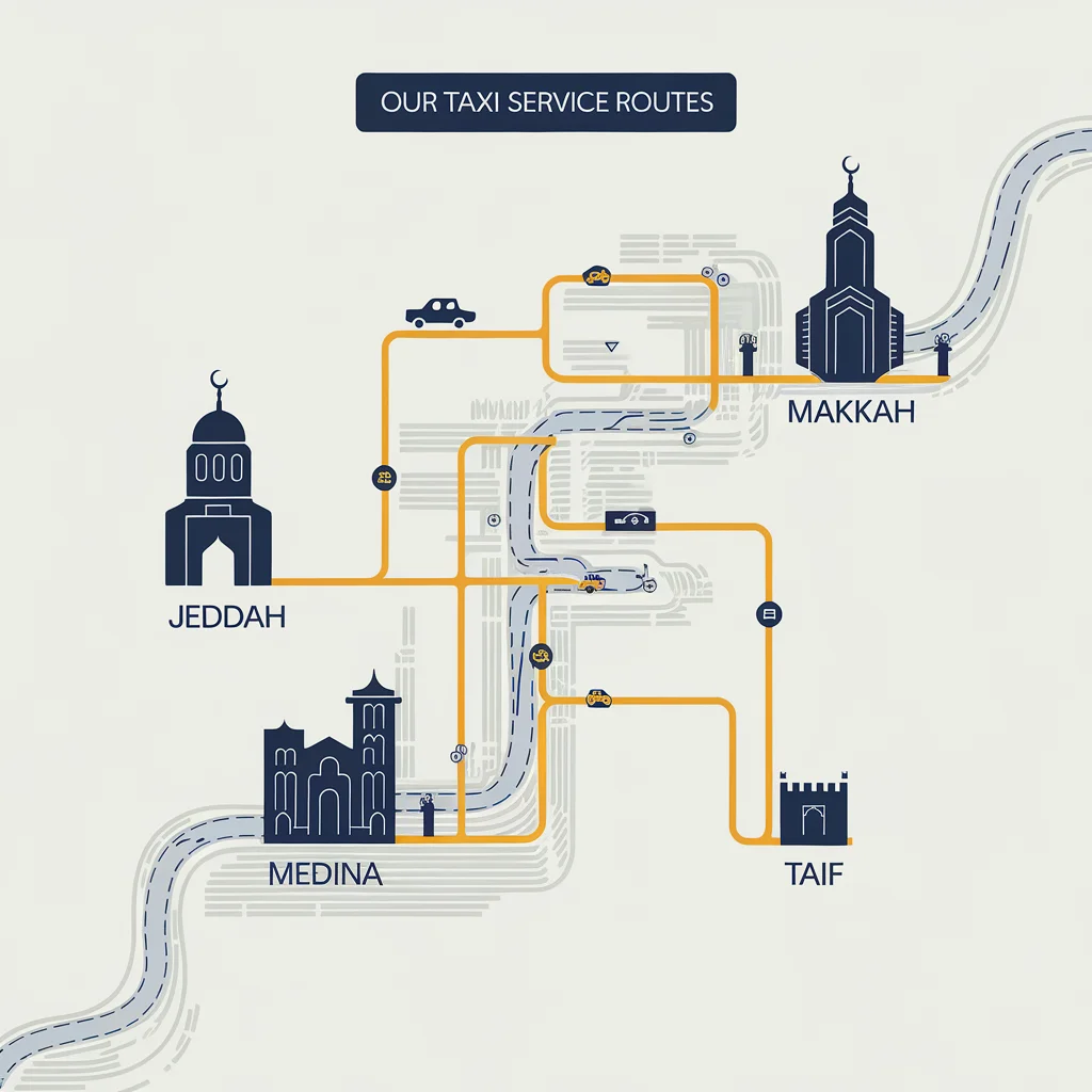 umrah Taxi service routes connecting Jeddah, Makkah, Medina, and Taif.